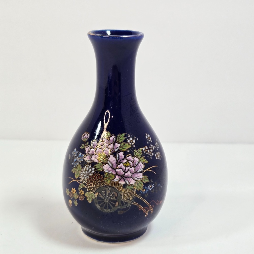 Kutani Vase Cobalt Blue with Gold Accents Flower Cart Japan (4 inches)